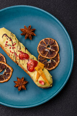 French food, dessert eclair with chocolate filling. Eclair as a background