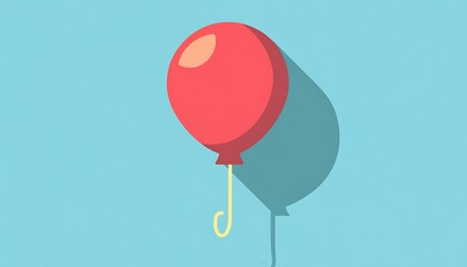 An isolated single red balloon with a yellow string casts a shadow on blue