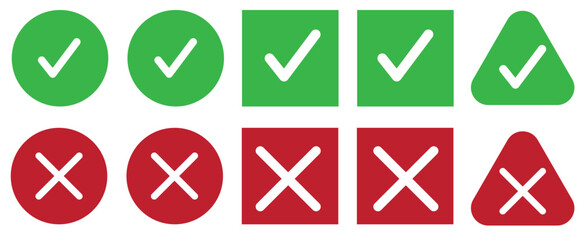 Green check marks and red crosses vector buttons or icons. Sign no and yes mark.