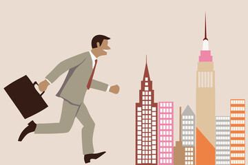 Businessman running fast in city with briefcase. Ambition, career concept.