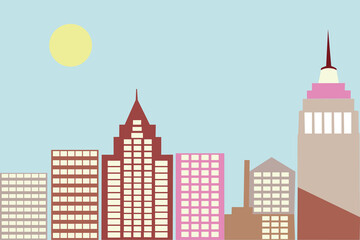 Modern city skyline with bright sun. Urban architecture, daytime concept.