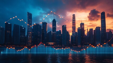 Fototapeta premium Financial Market Trends Over Vibrant City Skyline at Sunset. Stock Market Graph Overlay on Modern Urban Landscape. Investment, Economy, Growth, and Business Concept.