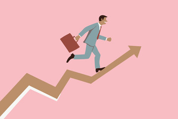 Businessman running up a rising arrow graph. Growth, success concept.