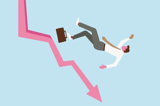 Businessman falling with declining arrow graph. Crisis, failure concept.