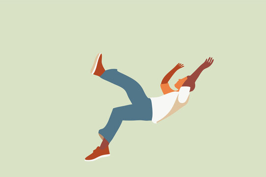 Man falling with flailing limbs in distress. Personal failure, anxiety concept.