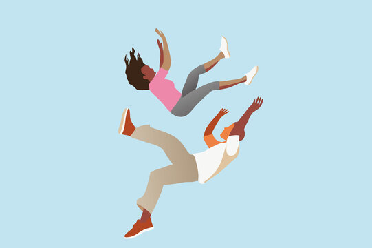 Two diverse people falling in distress. Shared problem, crisis concept.