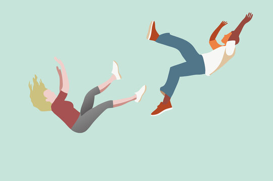 Diverse couple falling downwards together in despair. Relationship crisis concept.