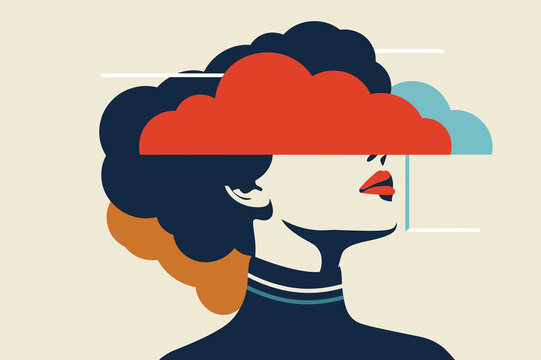 Woman's profile with face obscured by clouds. Mental health, anxiety concept.