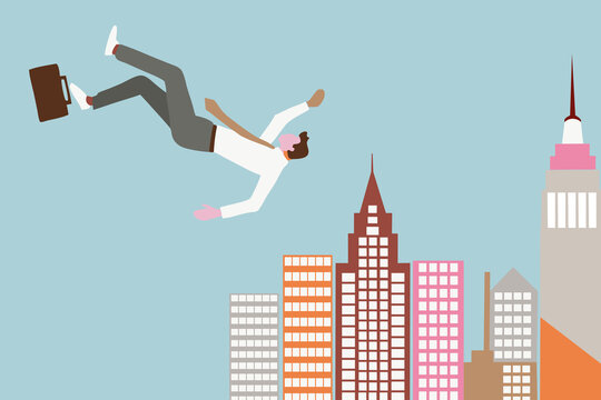 Businessman falling against city skyline background. Corporate failure concept.