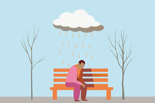 Lonely person on park bench under personal rain cloud. Depression concept.