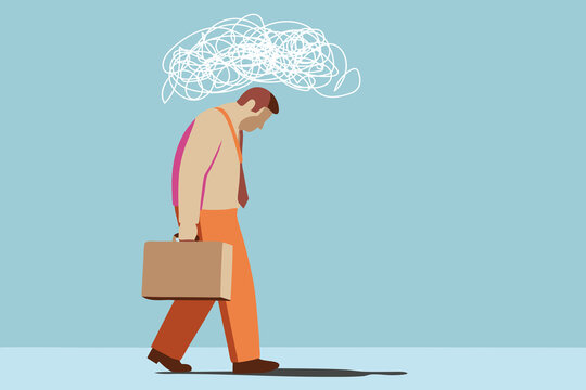 Dejected businessman with tangled thoughts cloud. Mental health concept.