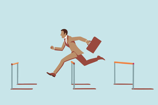 Businessman jumping over hurdles successfully. Overcoming obstacles concept.