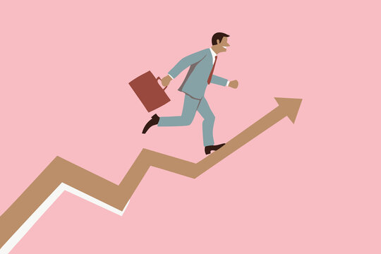 Businessman running up a rising arrow graph. Growth, success concept.