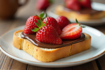 Freshly toasted bread topped with melted chocolate, ripe strawberries, and a sprinkle of sweetness