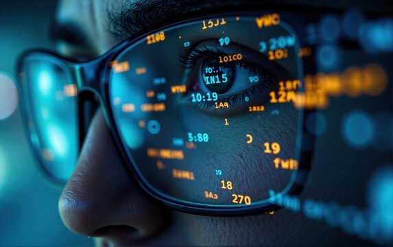 Person's Eye and Glasses Reflecting Digital Data