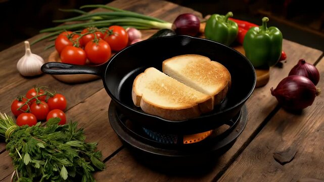 Two slices of bread toasting perfectly golden brown in a rustic cast iron skillet over an open gas flame, with fresh tomatoes nearby, evoking a cozy campfire cooking vibe.