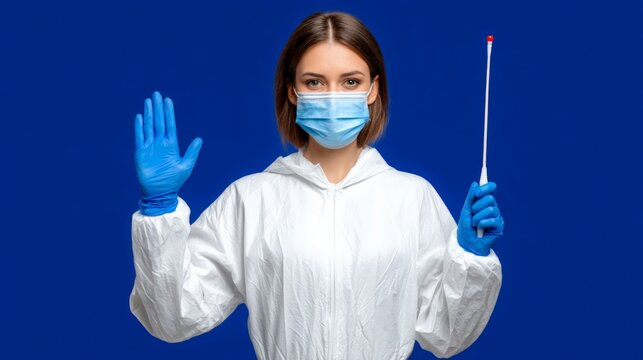 Female scientist in protective gear holding a swab and showing a wave gesture against a blue background