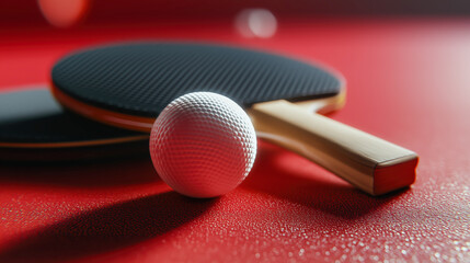 Close-up of table tennis paddle and dimpled ball on red textured surface, great for sports ads, recreation blogs, and fitness promotional content