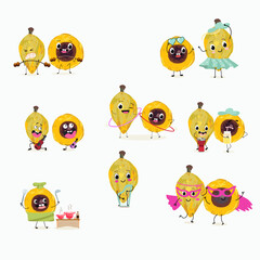 lucuma fruit cute funny cheerful characters with different poses and emotions. Vector hand drawnvector illistration.