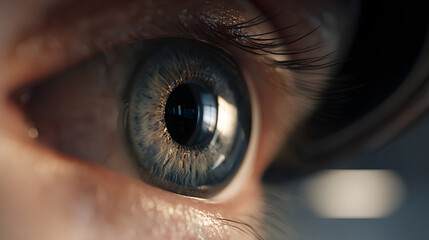 An intense macro photograph of a human eye, revealing the intricate patterns of a blue iris and a focused, light-reflecting pupil