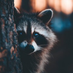 Obraz premium Close-Up of a Raccoon Peeking from Behind a Tree Trunk in Twilight