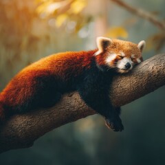 Obraz premium Relaxed Red Panda Cozying Up on a Tree Branch in a Forest Setting