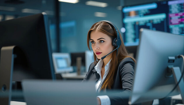 Customer service representative wearing headset working computer in modern office environment