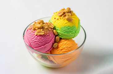 Delicious Ice Cream Sundae With Colorful Scoops and Peanuts