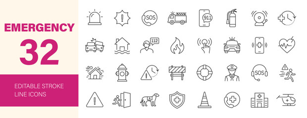 Emergency icon set. Containing SOS, accident, natural disaster, rescue service, evacuation, ambulance, help, warning, exit and more. Editable line icons. Vector illustration.