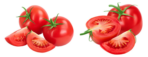 Tomato with slices isolated on white background with full depth of field.