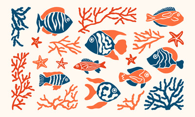 Underwater ocean life minimalist simple illustrations set. Sea fishes, starfishes, seaweeds, corals vector doodles