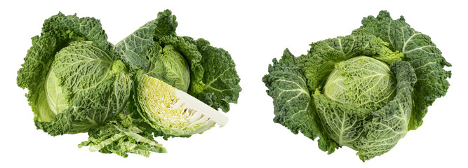 Savoy cabbage with slice isolated on white background with full depth of field