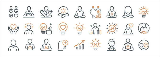 Collection of diverse wellness and mindfulness icons representing mental health and personal growth activities