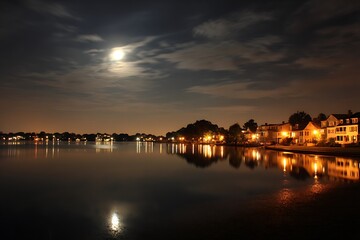 Charming cityscape over lake in moonlight shot  
