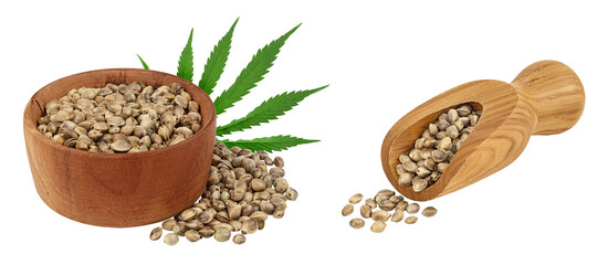Hemp seeds in wooden bowl isolated on white background with full depth of field