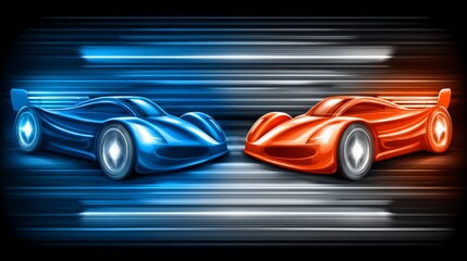 Obraz premium Two futuristic race cars, one blue and one orange, speeding side by side on a dynamic track