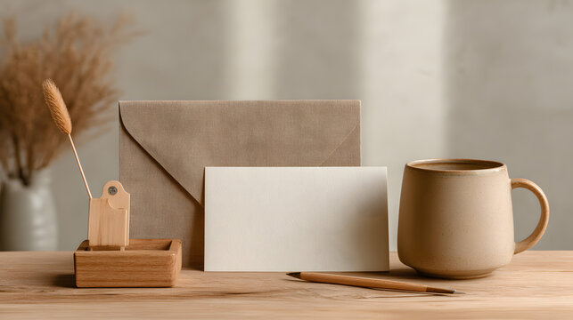 Elegant blank white greeting card and craft paper envelope on a minimalist wooden desk, bathed in soft natural light, perfect for design mockups, invitations, or personal messages