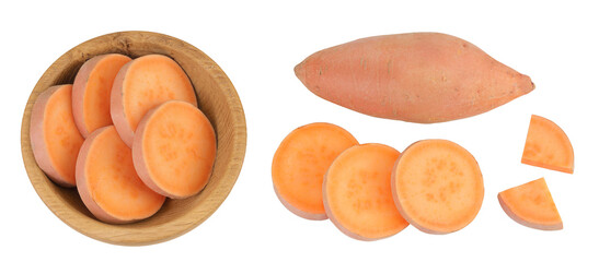 Sweet potato slices in a wooden bowl isolated on white background. Top view. Flat lay