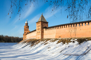 View on old wall of Kremlin in Novgorod the Great