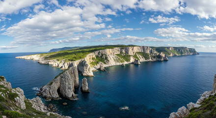 Fototapeta premium Rocky cliff coast panorama with beautiful blue sea and white clouds in 4k resolution 
