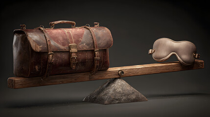 Work-life balance struggle heavy vintage briefcase on seesaw outweighs sleep mask, depicting challenge of prioritizing rest over career demands