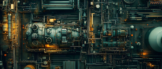Fototapeta premium Aerial drone view of an intricate sewage and wastewater management infrastructure system showcasing the complex network of pipes tanks