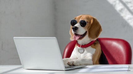Dog wearing sunglasses sits on a red chair in front of a laptop. The dog appears to be enjoying its time on the computer, possibly watching a video or playing a game