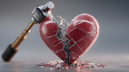A powerful and symbolic representation of heartbreak, depicting a hammer smashing a fragile red glass heart into many pieces