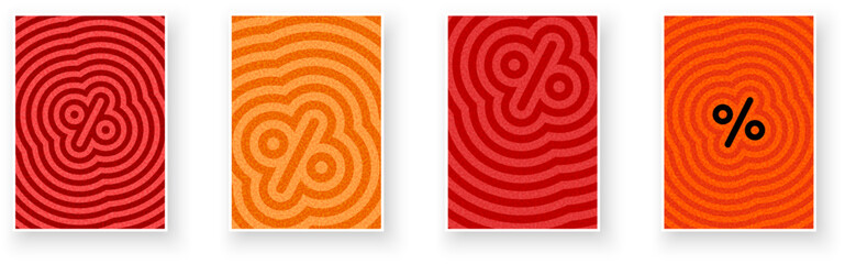 Vector illustration of percentage signs in abstract concentric wave designs using bold red and orange color palettes.