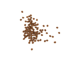 Dry pet food, dog kibble pile, puppy pellets, small canine protein croquette meal, animal food