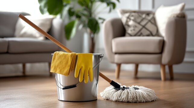 Bucket with a mop and gloves on top of it. The bucket is silver and the mop is white. The room is clean and tidy