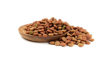 Dry pet food, dog color kibble pile, puppy meat and vegetable pellets, canine protein granules