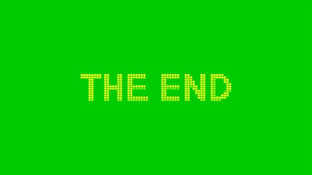 Yellow "the end" credits are formed by particles coming from all directions and disintegrating into particles in all directions. Chroma key, mockup, animation, footage, loop, isolated green screen