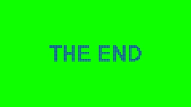 Blue "the end" credits are formed by particles coming from all directions and disintegrating into particles in all directions. Chroma key, mockup, animation, footage, loop, isolated green screen